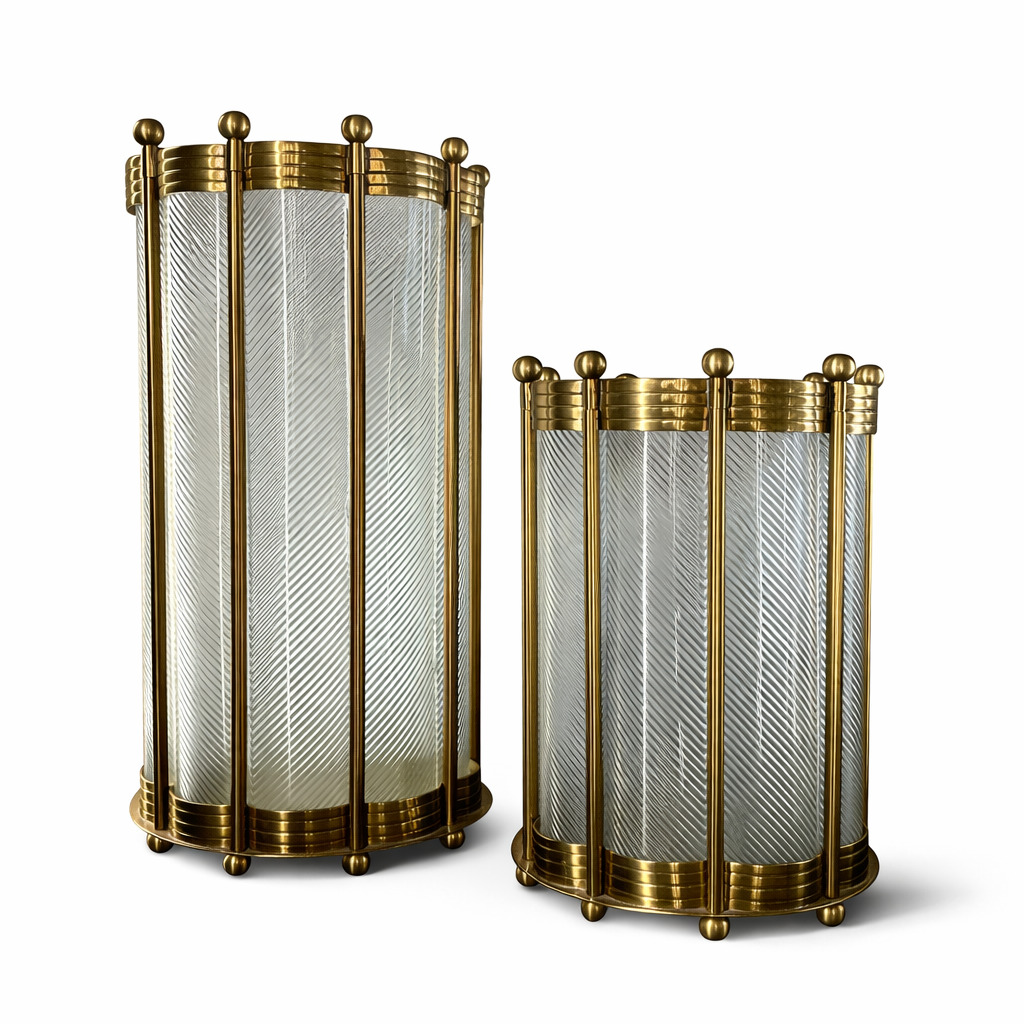 Art Deco Pirinç Çerçeveli Cam Mumluk Seti 1 Art Deco Pirinç Çerçeveli Cam Mumluk Seti