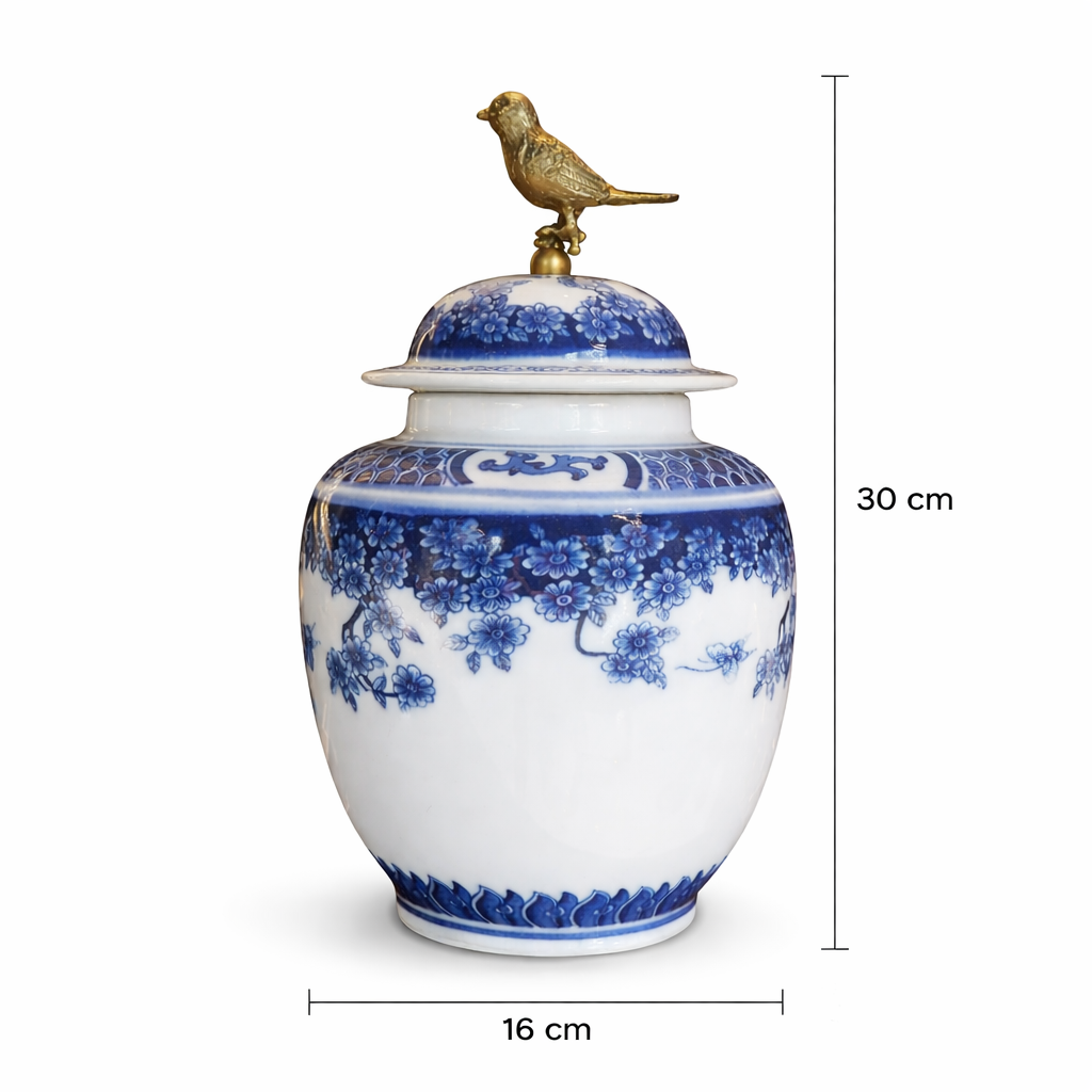 Kuşlu Bleu blanc Porselen Küp Büyük Boy 3 Kuşlu Bleu blanc Porselen Küp Büyük Boy - Görsel 3