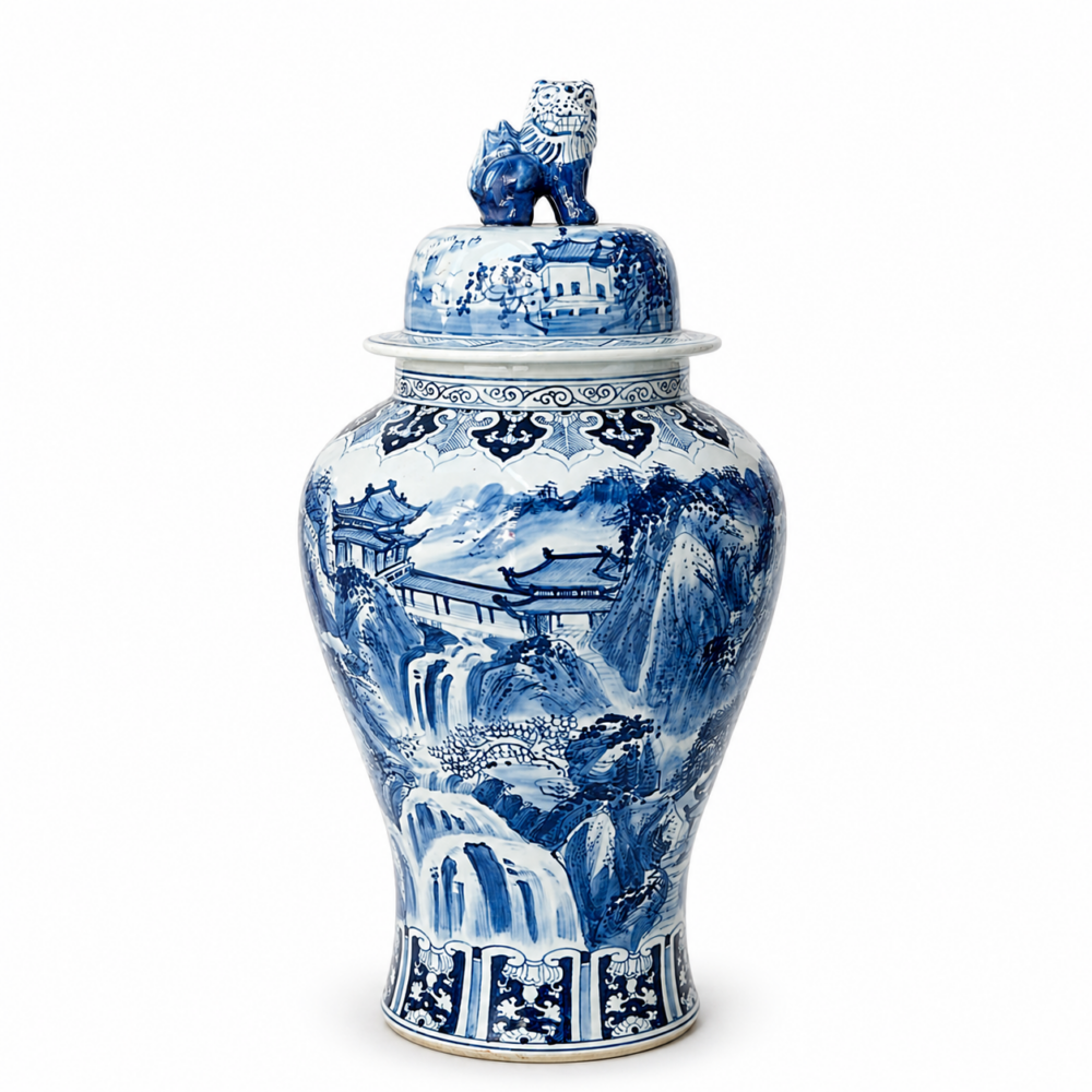 Blue Blanc Porselen Dragon Yer Küpü Büyük Boy