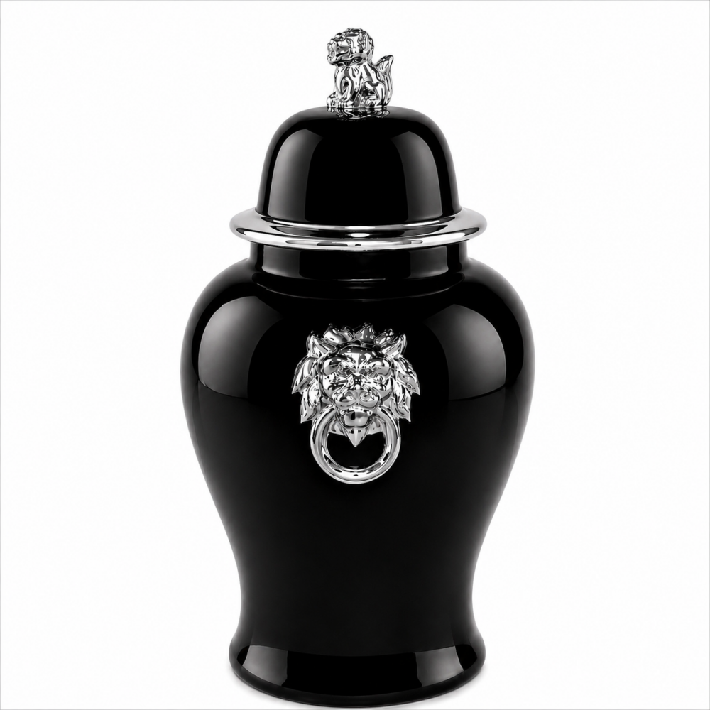 Aslan Detaylı Siyah Küp Gümüş Orta Boy