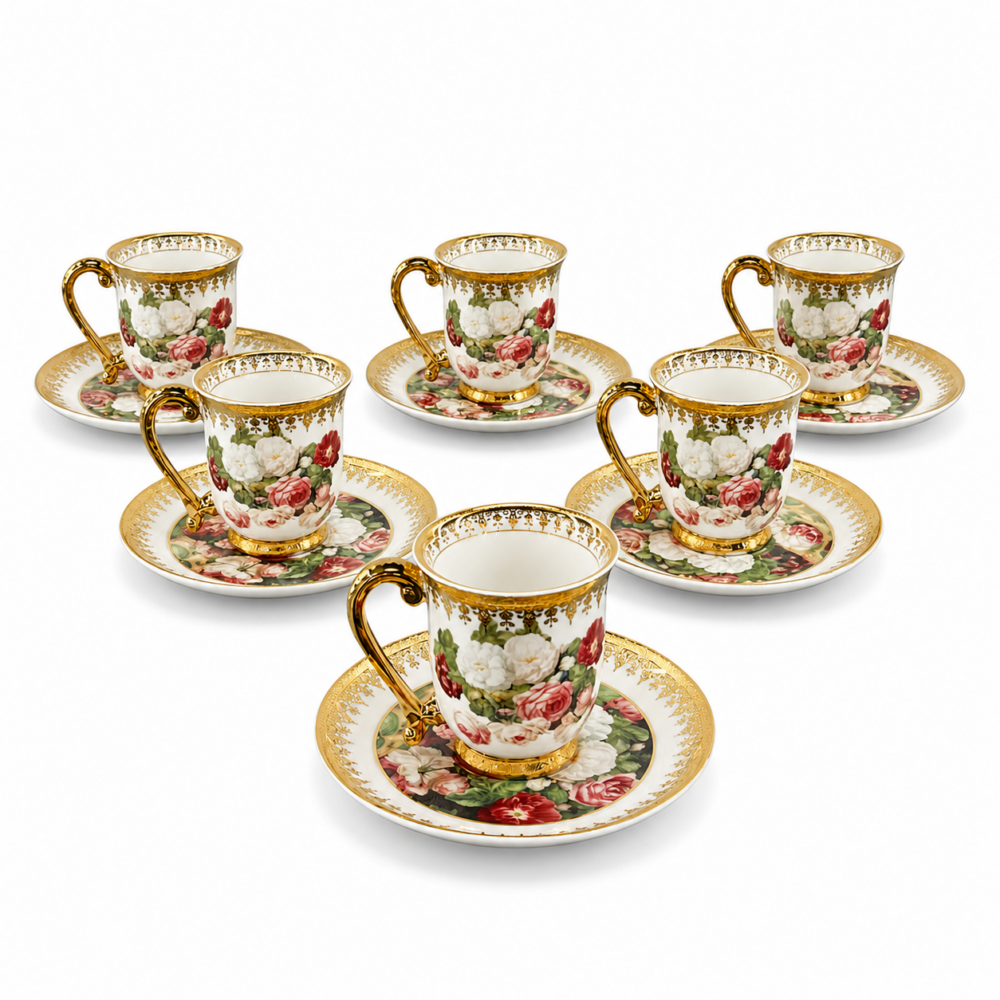 Çiçekli Bone China 6'Lı Kahve Fincan Seti