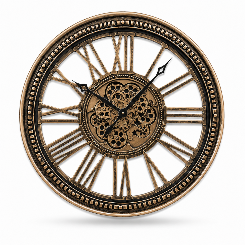 Bronz Metal Çarklı Duvar Saati 80 Cm